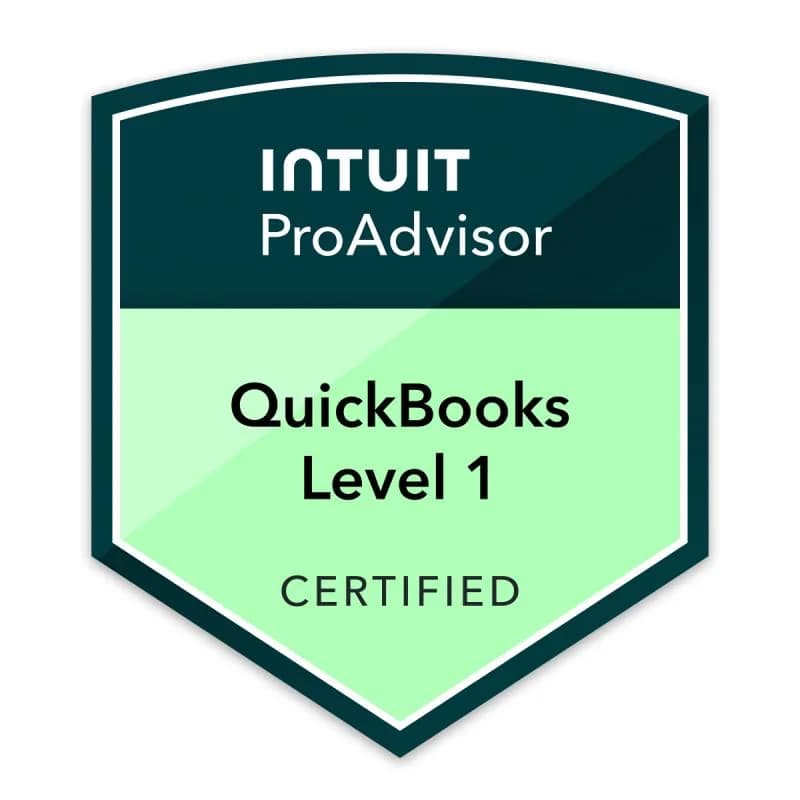 Intuit ProAdvisor badge: QuickBooks Level 1, Certified