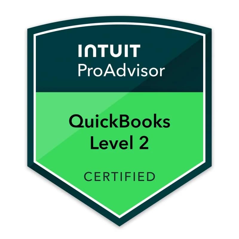 Intuit ProAdvisor badge: QuickBooks Level 2, Certified