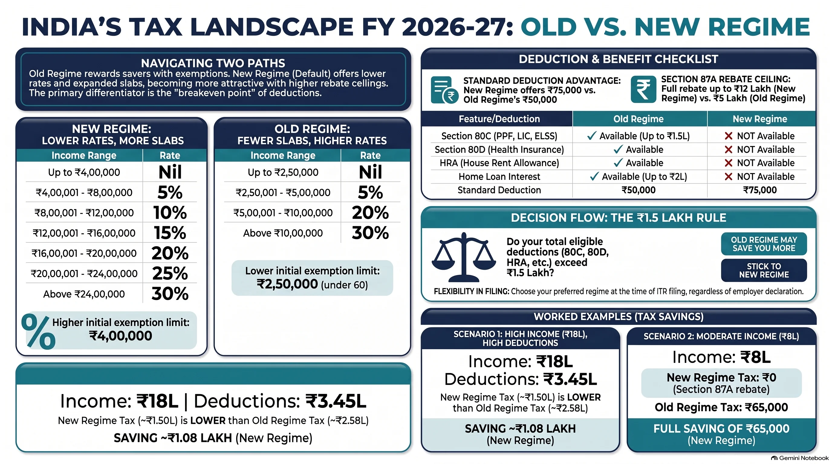 Old vs New Tax Regime Comparison — Slabs, Deductions & Decision Flow for FY 2026-27